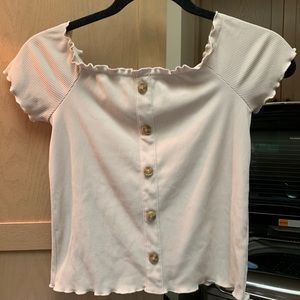 Super cute off the shoulder tan shortsleeved shirt